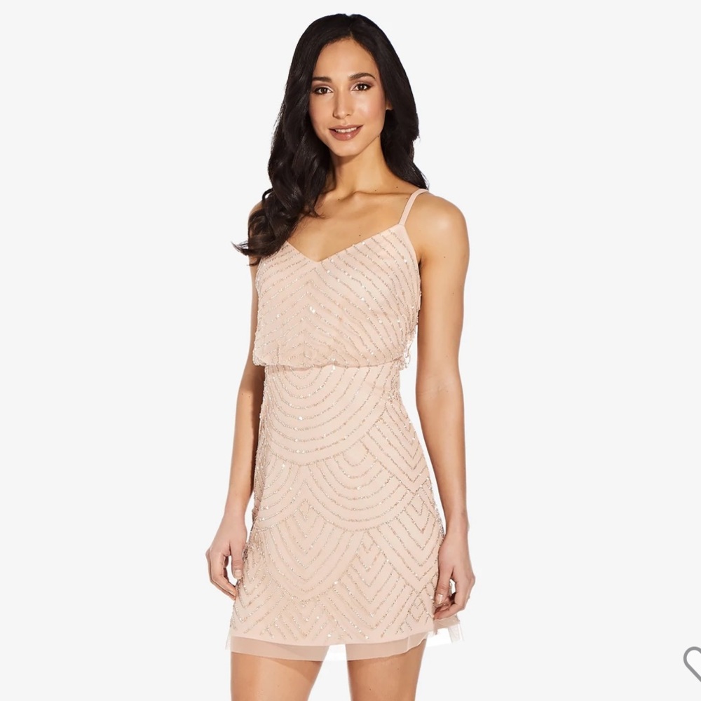 NWT Adrianna Papell SEQUIN BLOUSON DRESS IN BLUSH 18